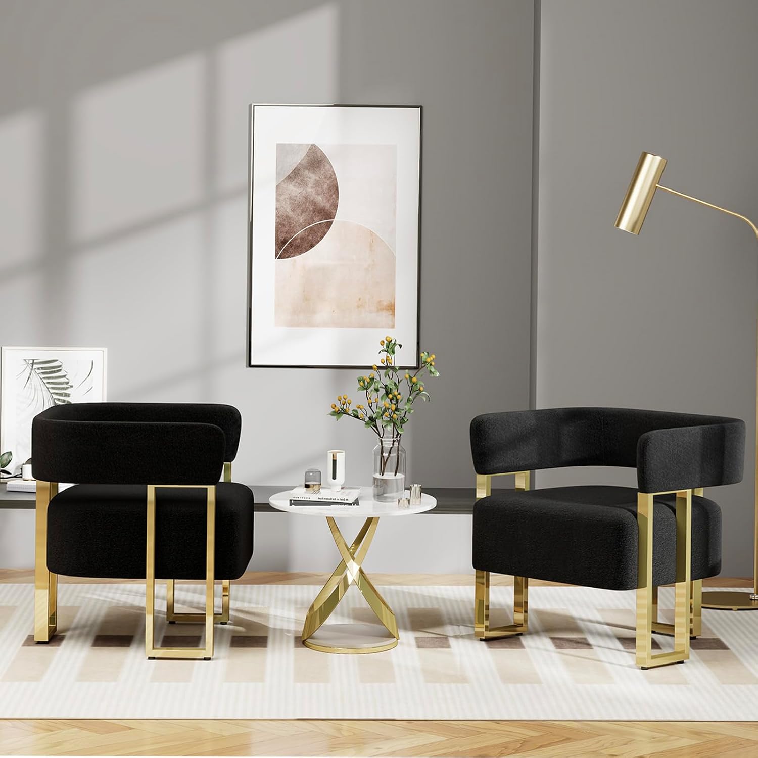 STHOUYN Modern Black and Gold Accent Chair Set of 2, Boucle Bucket Chairs Set of 2, Arm Chairs for Living Room Bedroom (2, Black)