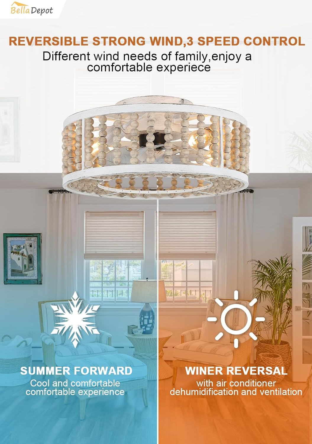 Bella Depot 20' Boho Ceiling Fan with Light, Flush Mount Wood Beaded Fandelier Chandelier Fan, 6 Speeds Reversible Bladeless Ceiling Fan for Bedroom Living Room Kitchen(Cool Wood)