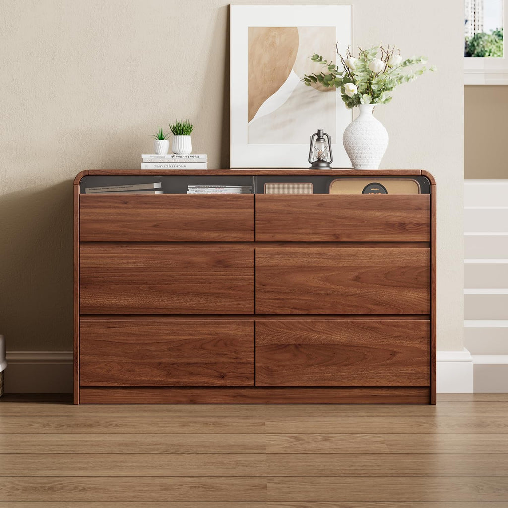 Ieejdn 47.2' Dresser with 6 Drawer, Wide Dresser with Recessed Glass Display & Silent Metal Rails, Handleless Chest of Drawers for Clothes, and Bedding, Walnut