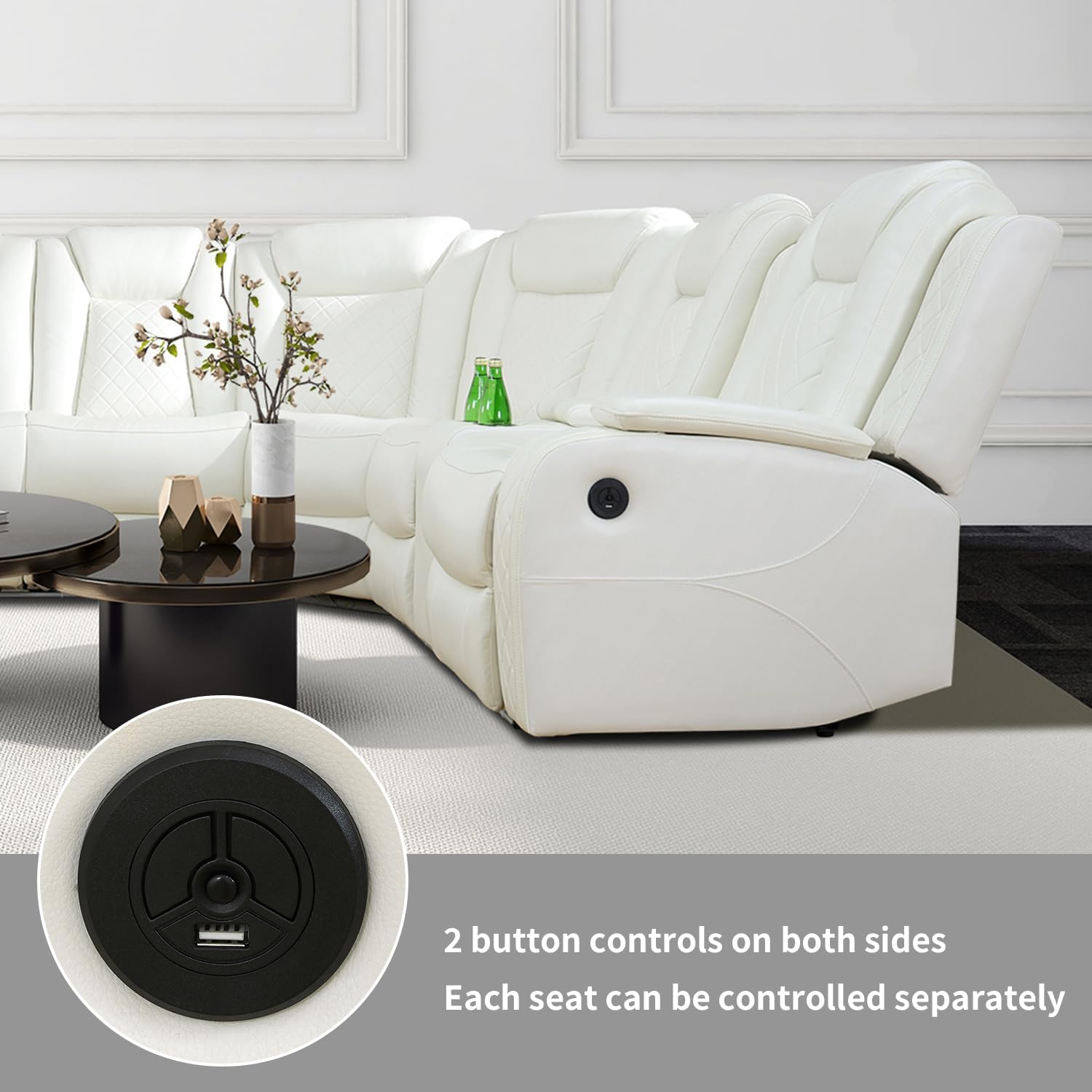 Power Recliner Sofa Sectional Couch with LED Light for Living Room,Leather Reclining Corner Sectional Sofa with 3 Recliner Seats,Cup Holder,Storage Console for House/Home Theater, Creamy
