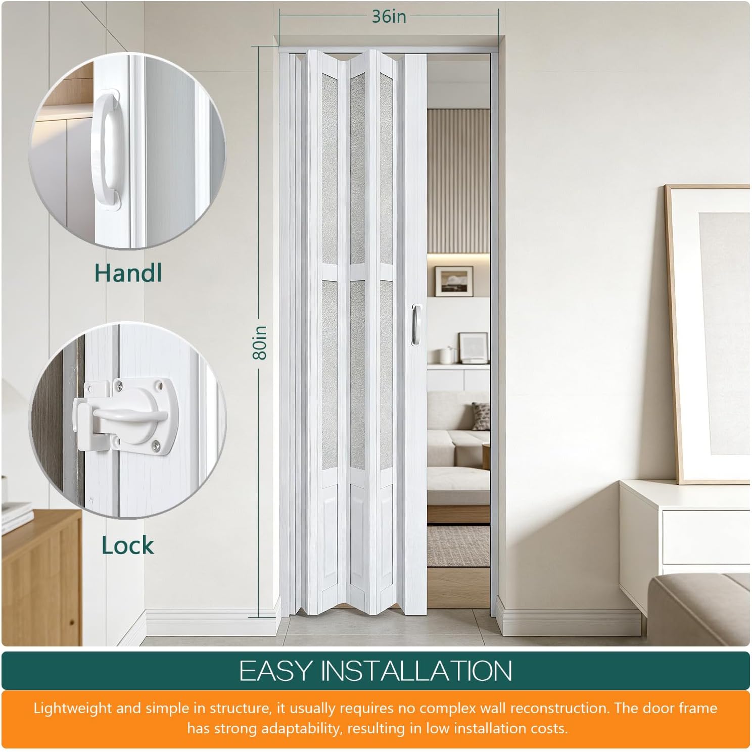 30X80in Accordion Doors Interior,White PVC Folding Door with Handle & Latch, for Closet & Kitchen