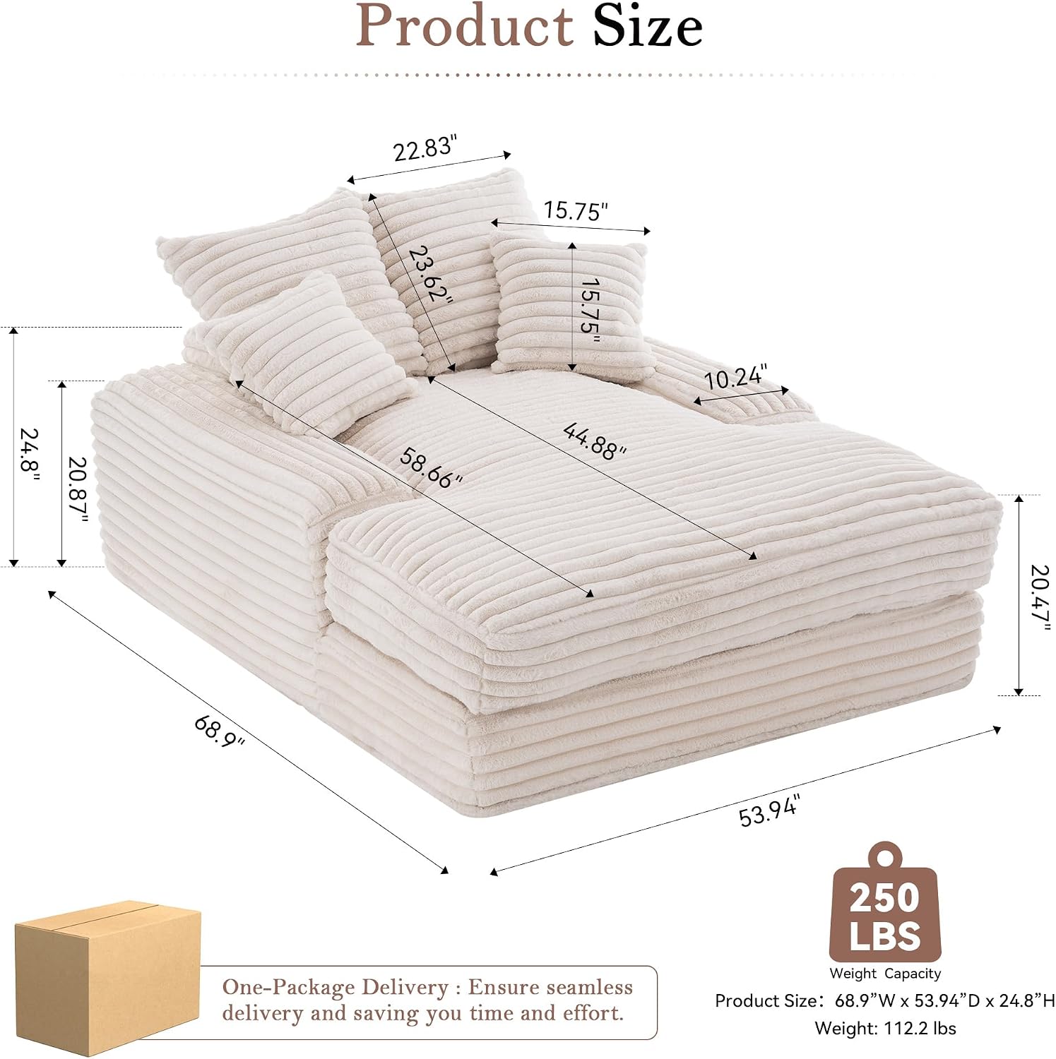 KEIKI 53.94'' Luxury Corduroy Convertible Chaise Lounge Chair with 4 Pillows, Ultra-Soft Sofa Bed, No Assembly Required, Ergonomic Recliner for Living Room, Apartment & Small Spaces, Beige
