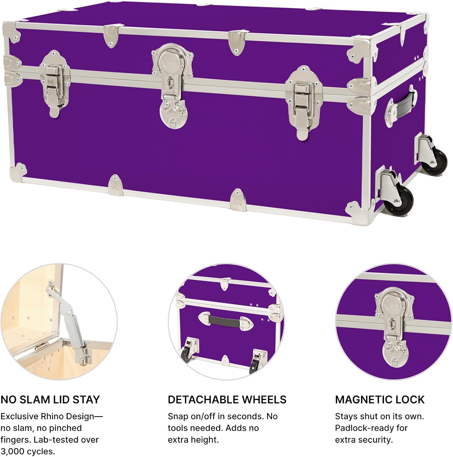 Rhino Trunk & Case Classic Camp & College Trunk with Wheels. 30'x17'x13', 1500+ lbs Capacity - Many Colors, Soft-Close Lid. Strong, USA Made Summer Camp Footlocker and Secure Dorm Storage Chest