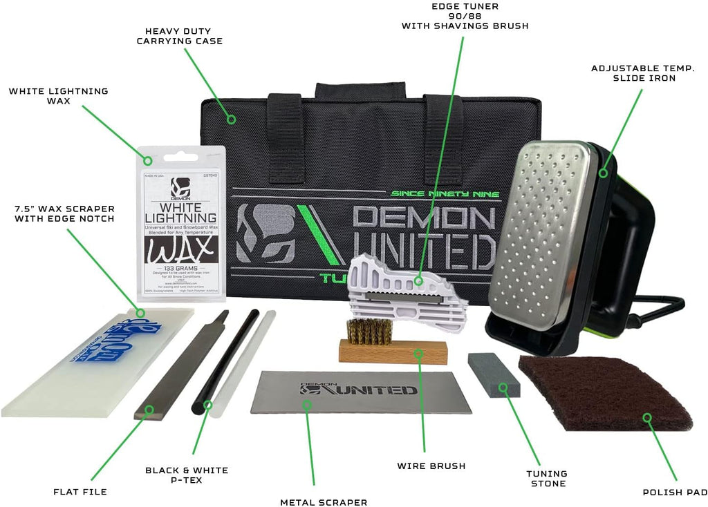 Demon United Total Ski and Snowboard Tuning Kit with Made in USA All Season Wax and Ski and Snowboard Metal Vise for Tuning and Brake Retainers and Apron