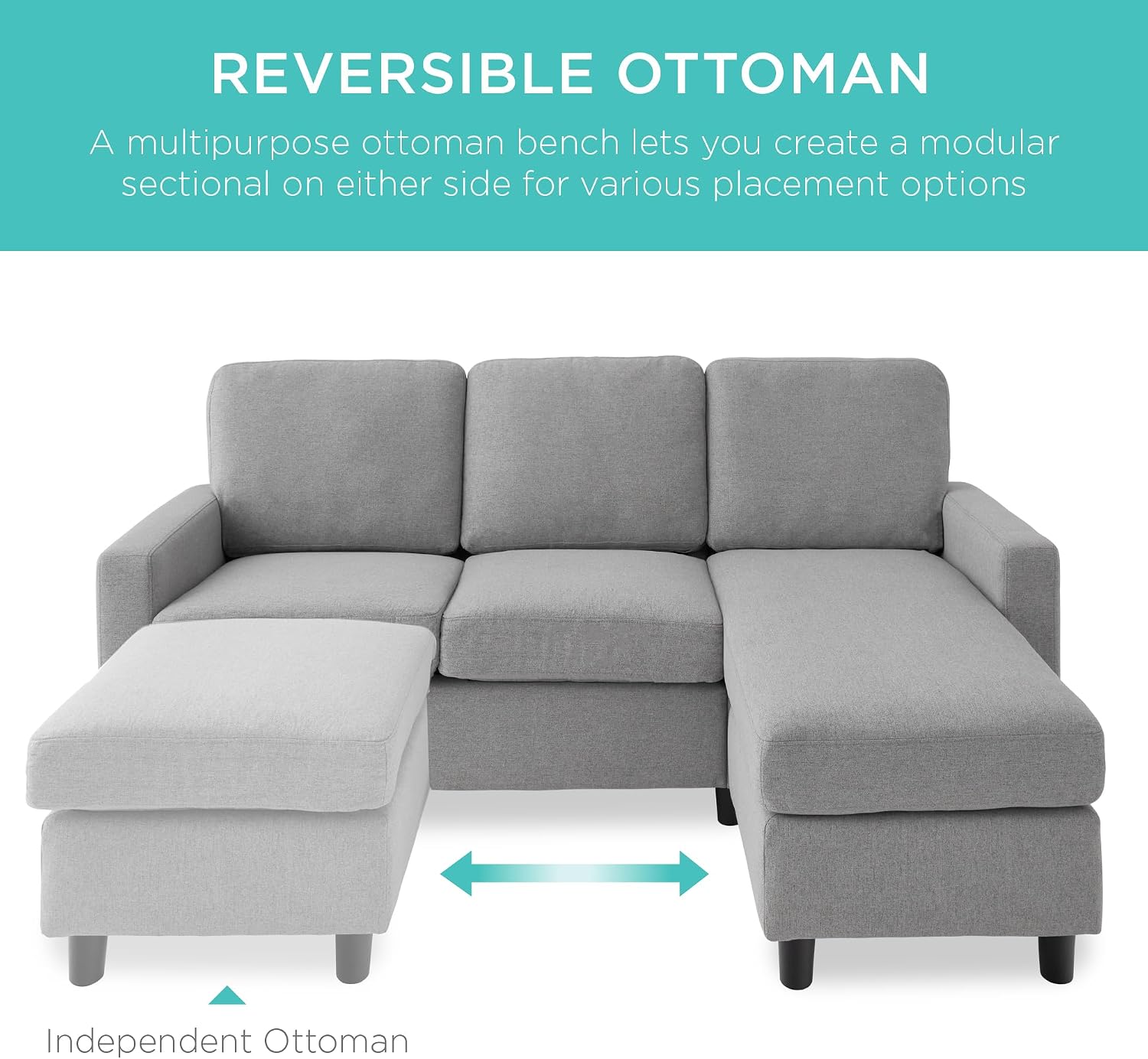 Best Choice Products Upholstered Sectional Sofa for Home, Apartment, Dorm, Bonus Room, Compact Spaces w/Chaise Lounge, 3-Seat, L-Shape Design, Reversible Ottoman Bench, 680lb Capacity - Light Gray