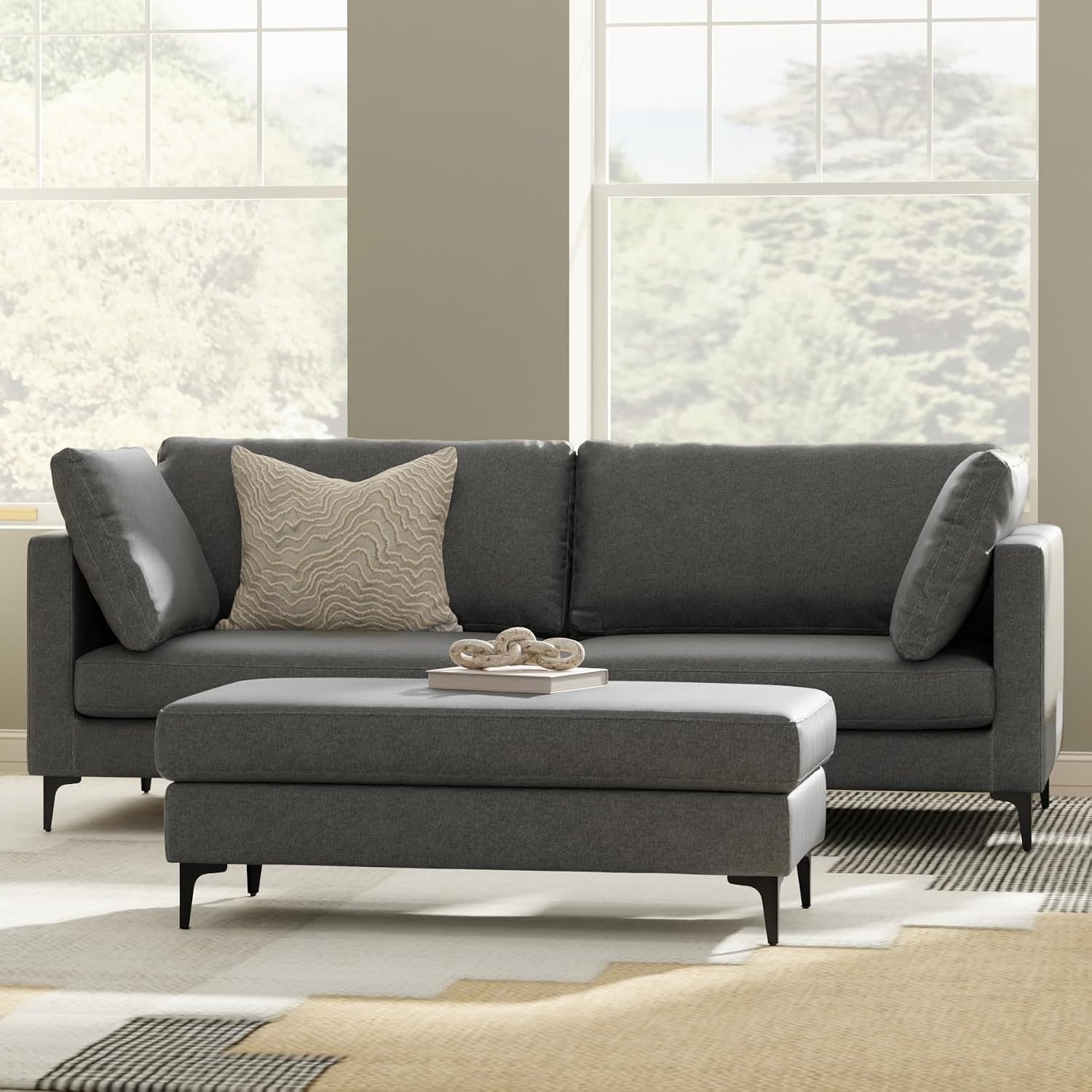 SIMPLIHOME Ava Sofa and Ottoman in 100% Recycled Polyester Performance Fabric, Pebble Grey, 90-inch-Wide 3-Seater Couch and Matching 36-inch-Wide Table Ottoman for Living Room, 2-Piece Set
