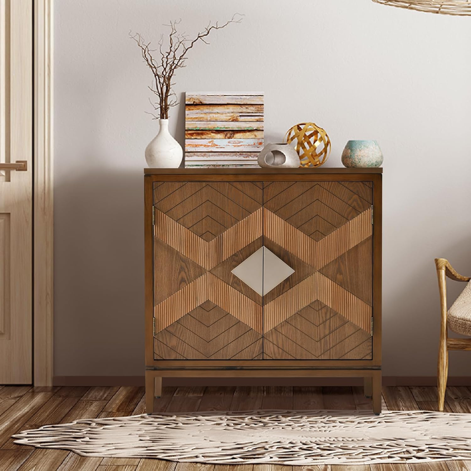 Ahokua Mid-Century Modern Wood Accent Cabinet with 2 Carved Doors, Geometric Storage Sideboard with Adjustable Shelf for Living Room, Hallway or Entryway, Brown