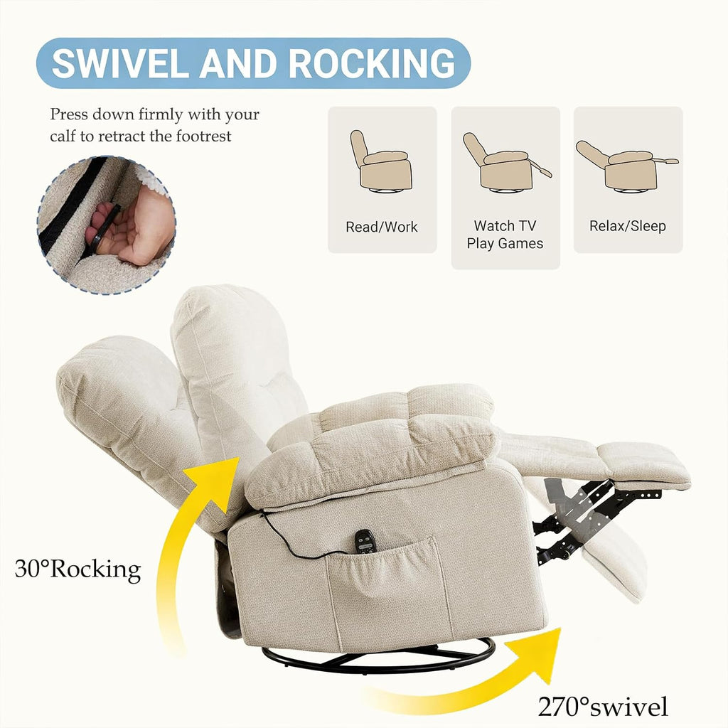 Rocker Swivel Recliner Chair for Adults, Single Reclining Sofa Chair with Heated and Full Body Massage, Lounge Recliner Glider for Small Living Room, Bedroom, Beige