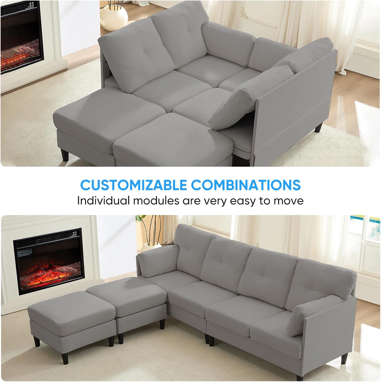 PUREMIND Sectional Home Sofa Living Room, Modern U-Shaped Sofa Couches with Double Chaise, Upholstered 4 Seater Sofa for Living Room, Apartment, Light Grey
