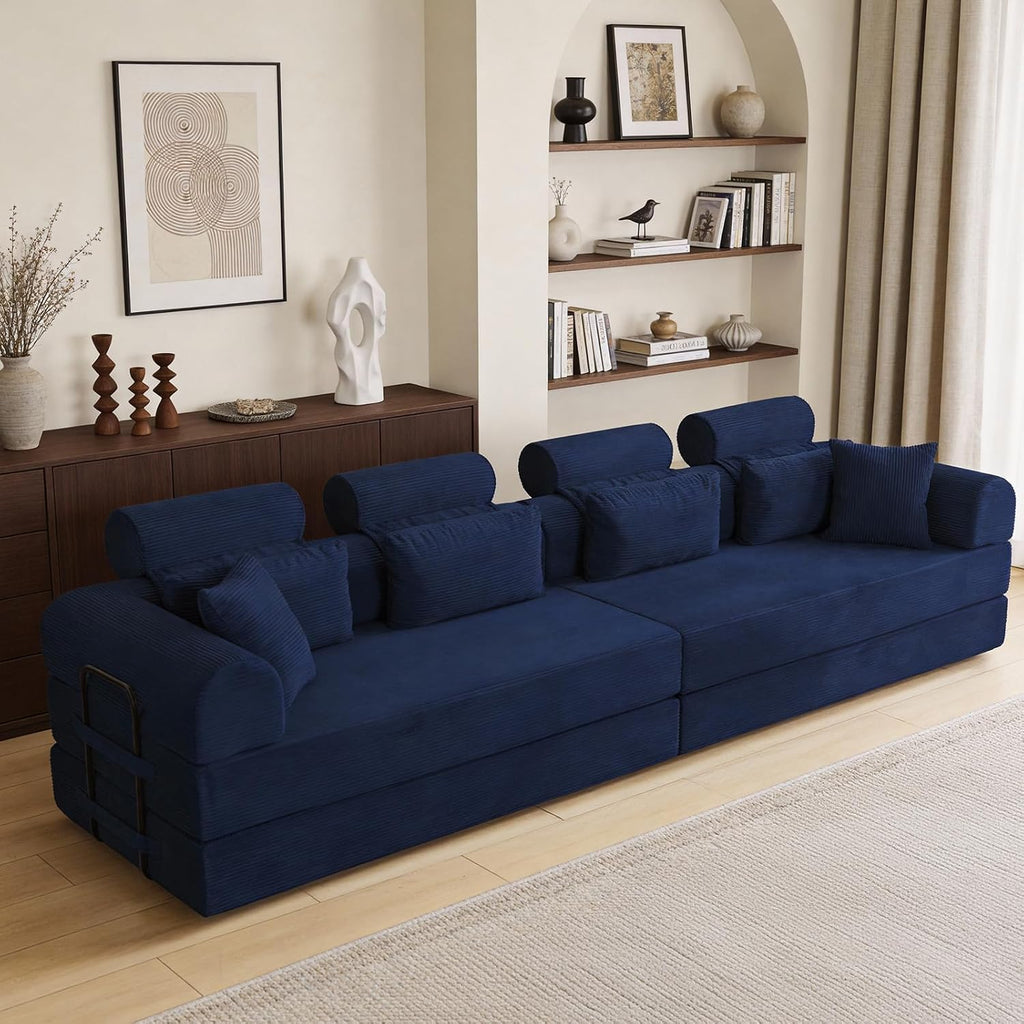 KEIKI 6-in-1 Folding Convertible High Back Sofa Sleeper, 106' Oversized Modular Sectional Corduroy Upholstered L Shape Couches for Living Room, Head Support Comfort for Large Apartment Bedroom, Blue