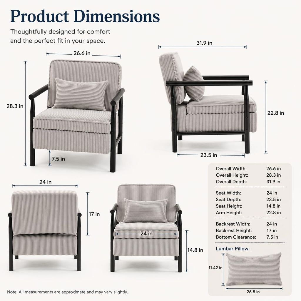Accent Chair with Hidden Storage, Mid-Century Upholstered Armchair with Solid Wood Frame, Corduroy Fabric Accent Chair for Living Room, Bedroom, and Reading Corner(Grey)