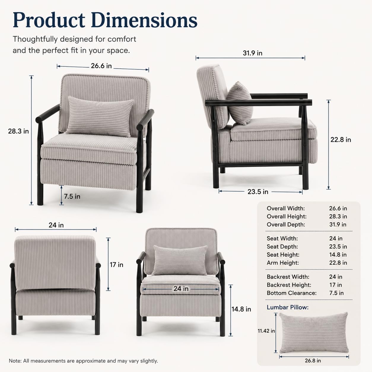 Accent Chair with Hidden Storage, Mid-Century Upholstered Armchair with Solid Wood Frame, Corduroy Fabric Accent Chair for Living Room, Bedroom, and Reading Corner(Grey)