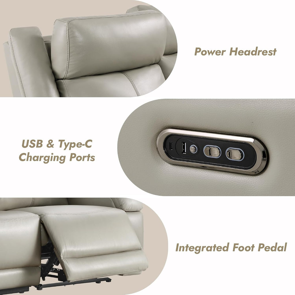 Watson & Whitely Genuine Leather Power Recliner Sofa, 3 Seater Wall Hugger Reclining Sofas with Power Headrest, USB & TypeC Ports, Electric Recliner Couch Set for Living Room, Grey