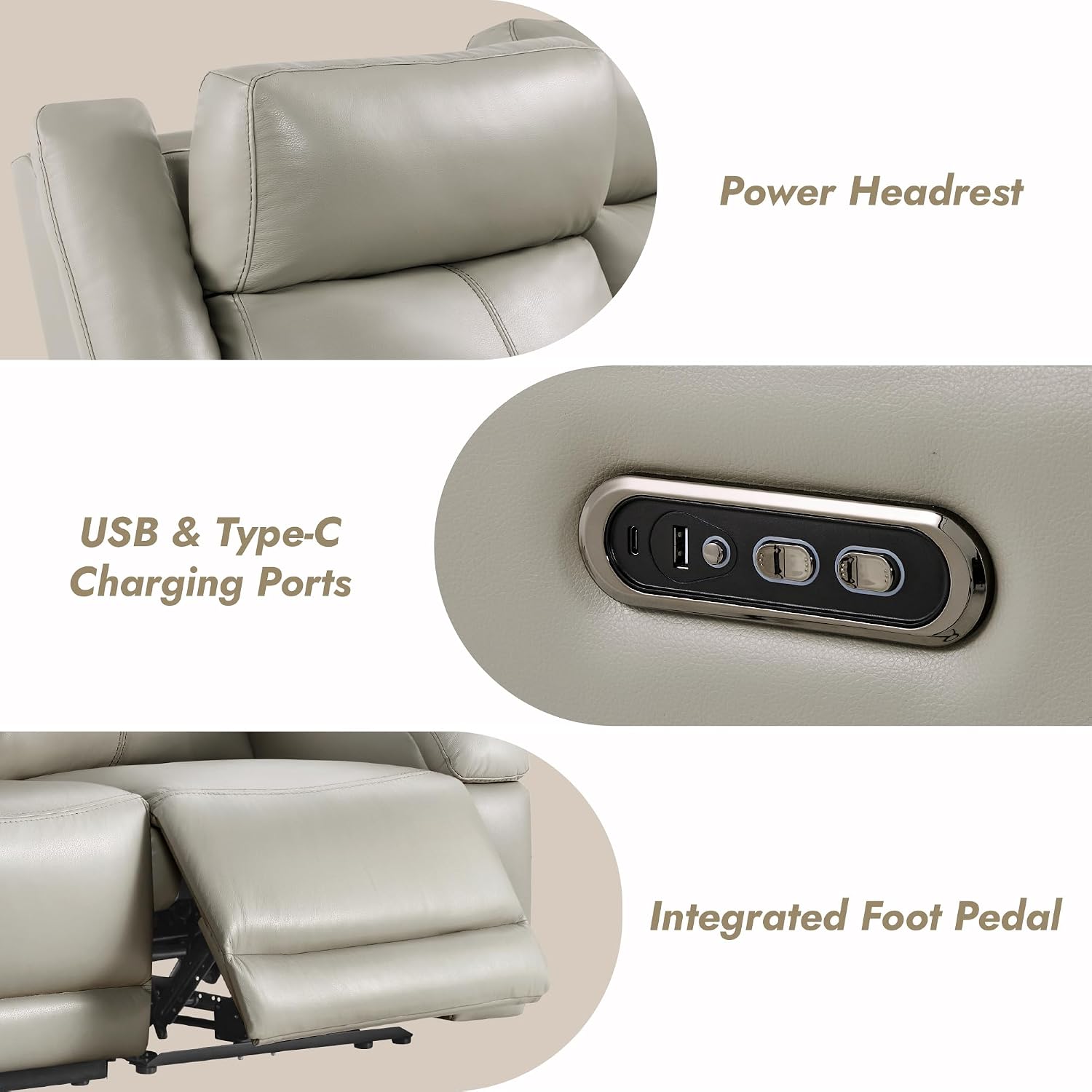 Watson & Whitely Genuine Leather Power Recliner Sofa, 3 Seater Wall Hugger Reclining Sofas with Power Headrest, USB & TypeC Ports, Electric Recliner Couch Set for Living Room, Grey
