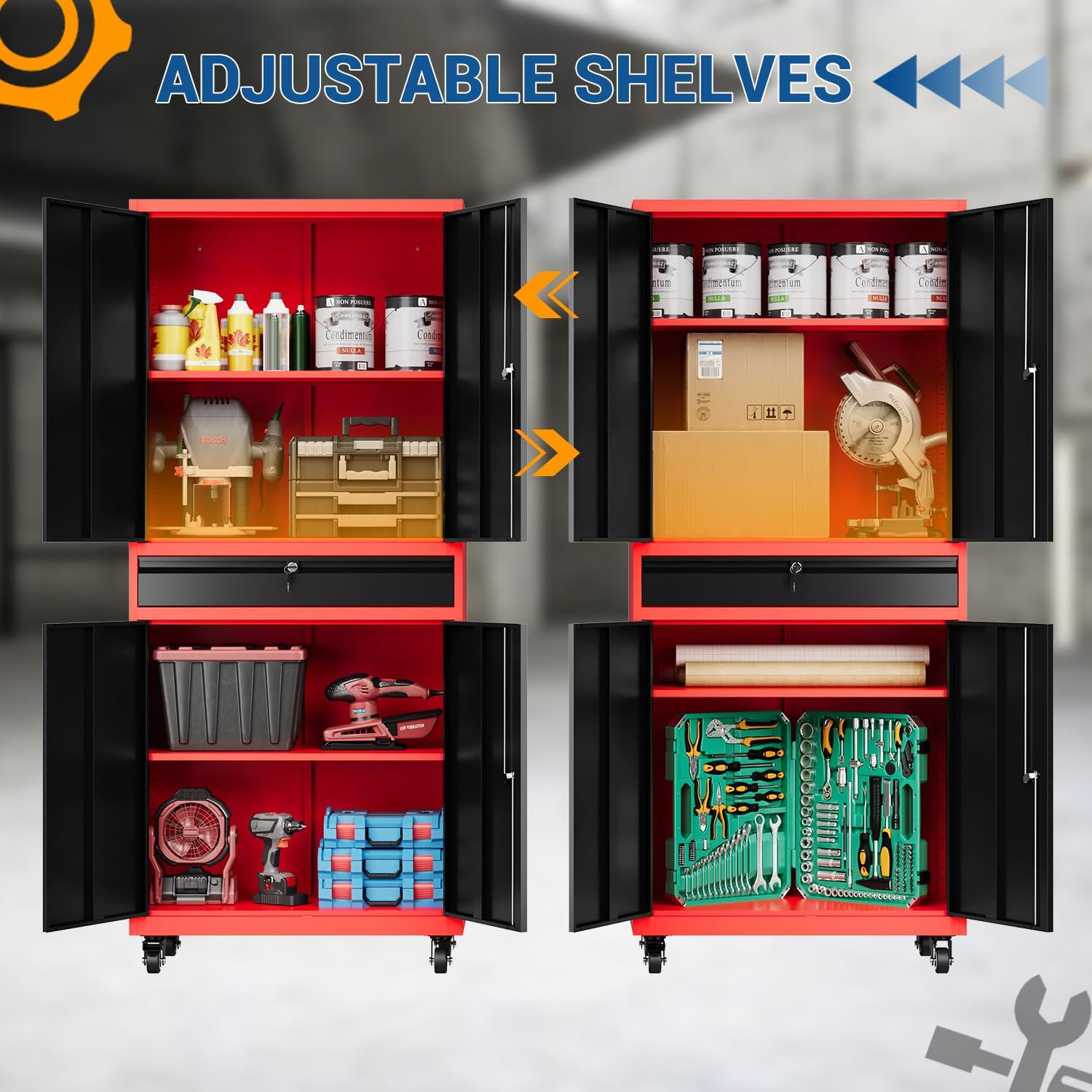 Fesbos 73' Metal Cabinet-Black & Red Heavy Duty Rolling Storage Cabinet Steel Tool Cabinets with Wheels, Shelves, Lockable Doors and Drawers- for Garage, Warehouse Home Office- Assembly Required