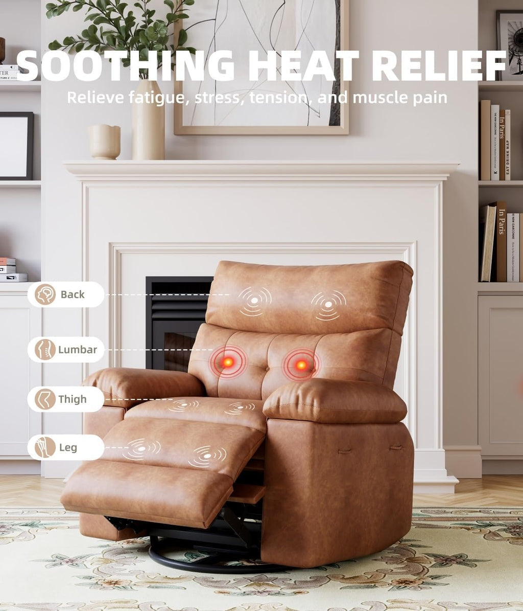 Oversized 360° Swivel Rocking Recliner Chair with Massage & Heat - Remote Control Lazy Chair for Adults, Ergonomic Recliner for Living Room, Bedroom, Nursery, Vintage