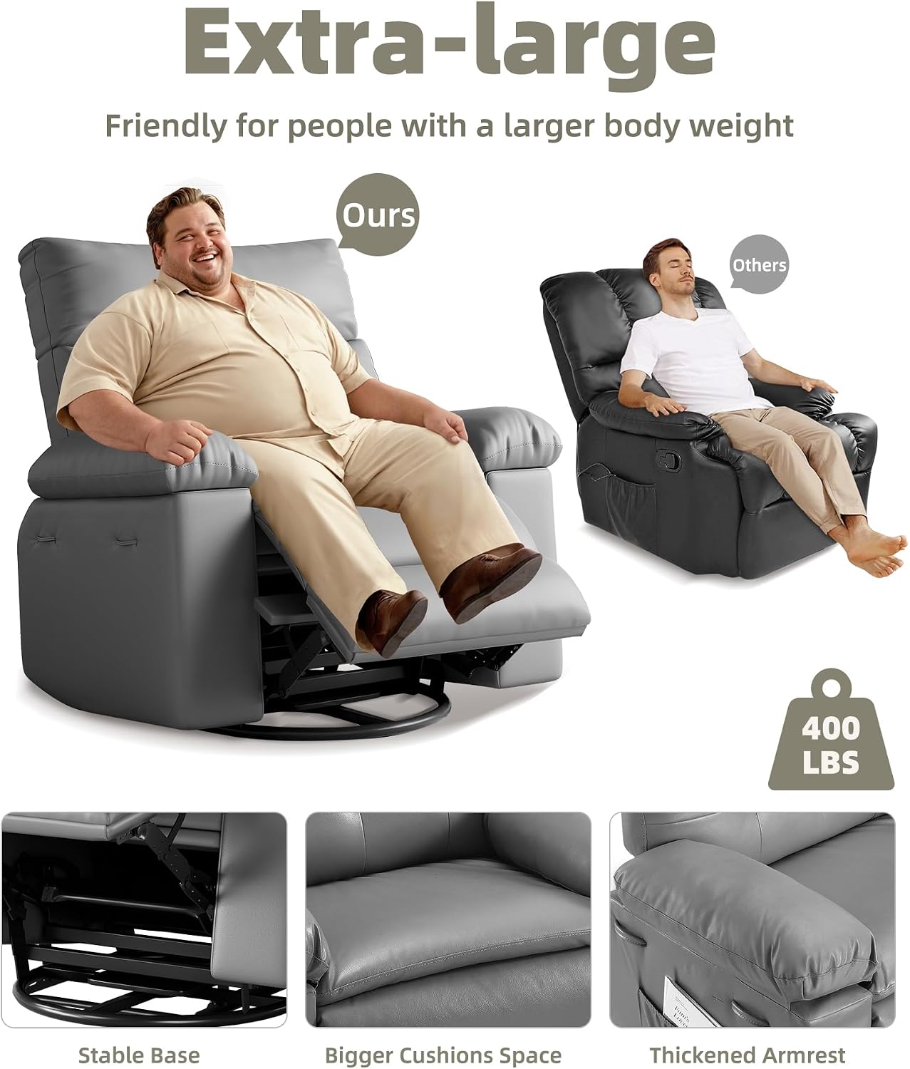 GarveeHome Oversized Recliner Chairs, Classic Manual Leather Recliner, Home Theater Seating with Lumbar & Arms Support for Living Room, Bedroom and Nursery - Grey