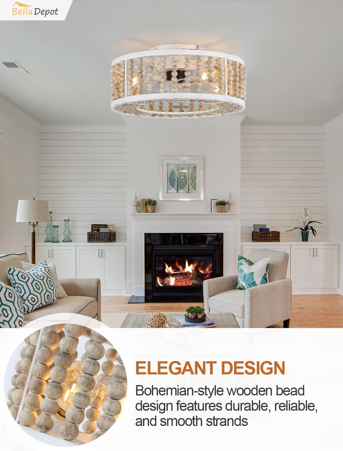 Bella Depot 20' Boho Ceiling Fan with Light, Flush Mount Wood Beaded Fandelier Chandelier Fan, 6 Speeds Reversible Bladeless Ceiling Fan for Bedroom Living Room Kitchen(Cool Wood)
