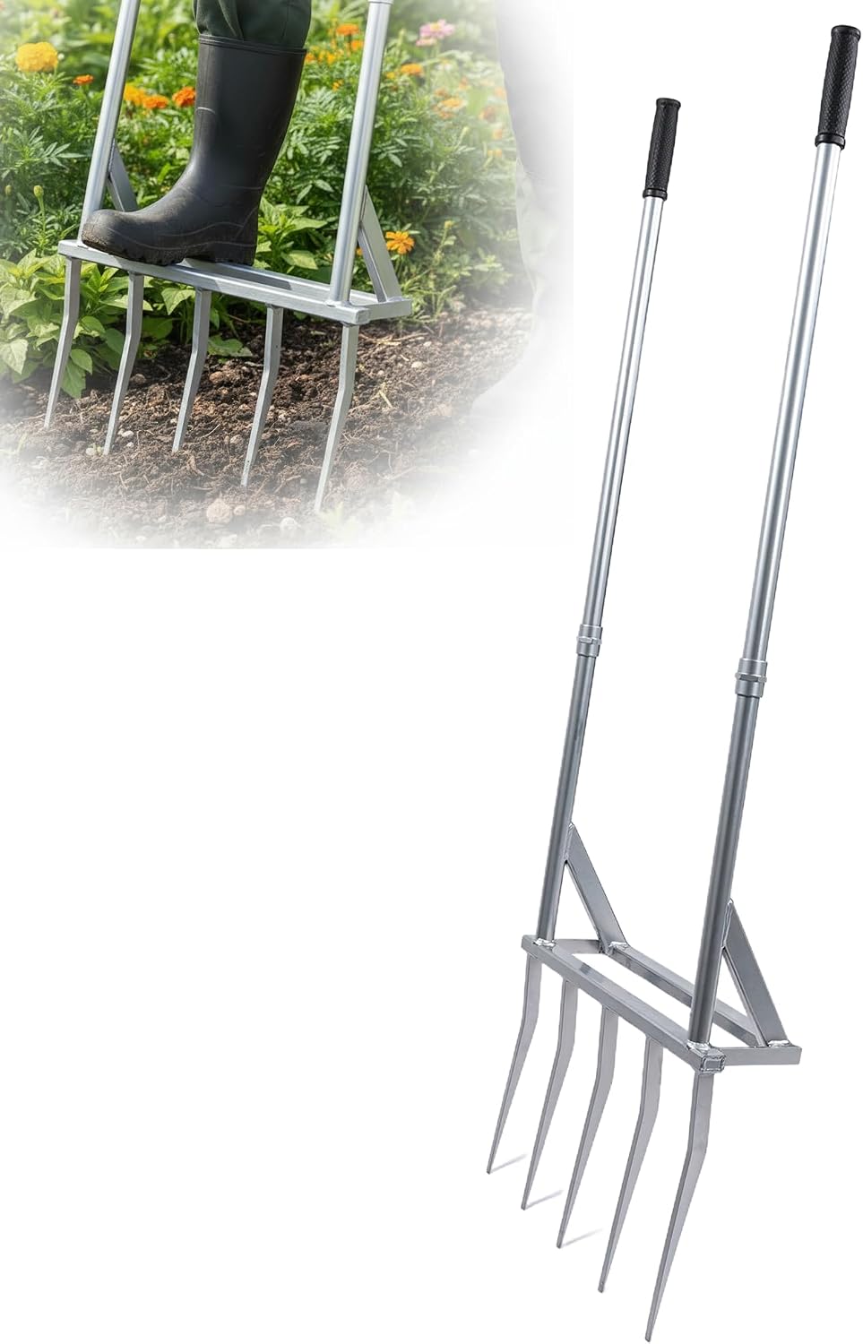 56 Inch 5-Tine Heavy Duty Broadfork, Rust-Resistant Professional Garden Fork with Widened Foot Pedal, High-Strength All-Steel Soil Tiller for Aerating Clay Soil for Farming