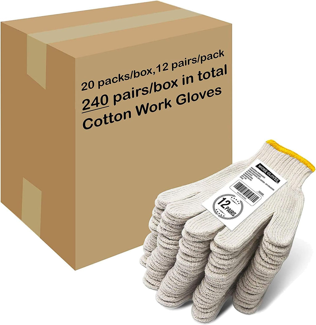Evridwear Cotton Polyester String Knit Shell Safety Protection Work Gloves for Painter Mechanic Industrial Warehouse Gardening Construction Men One Case (12 PairsX20) With no dots, L Size