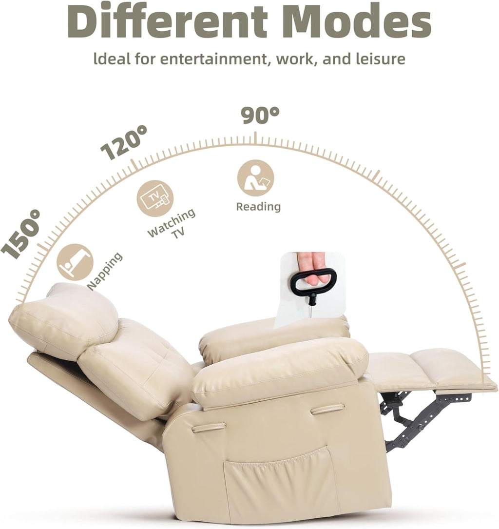 GarveeHome Oversized 27' Recliner Chairs, Classic Manual Leather Recliner, Home Theater Seating with Lumbar & Arms Support for Living Room, Bedroom and Nursery - Beige