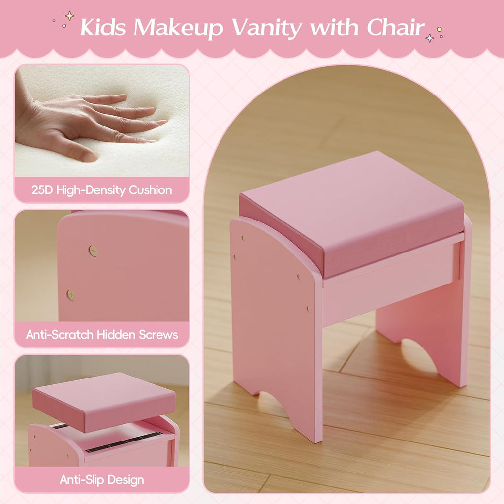 TOLEAD Kids Vanity, Girls Vanity Set with Mirror and Stool and Lights, Toddler Vanity Table and Chair Set with Jewelry Storage, Wooden Princess Makeup Desk Dressing Table for Girls, Pink