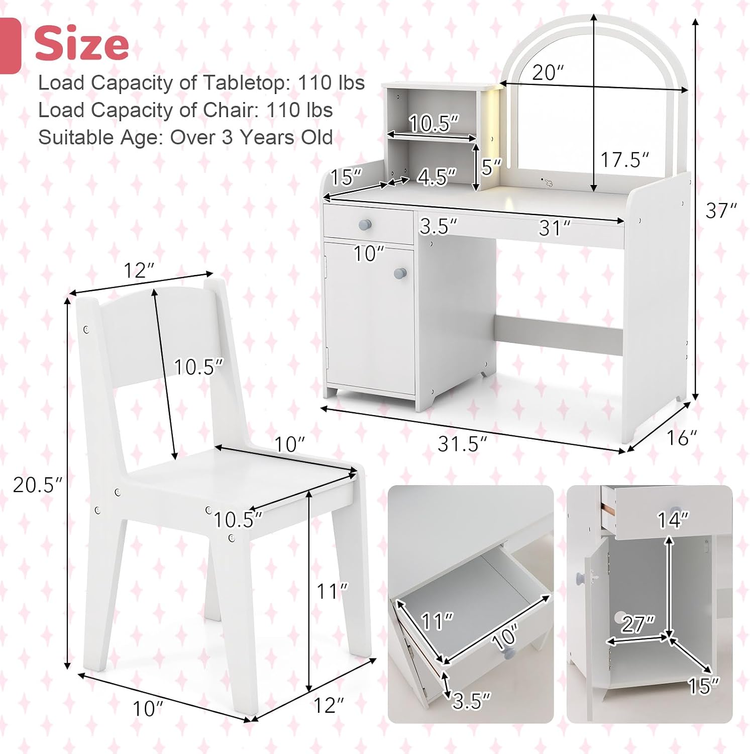 HONEY JOY Kids Vanity with Lights, Little Girls Vanity Set with Mirror and Stool and Lights, Wooden Princess Makeup Dressing Table, Storage Cabinet, Pretend Play Kids Vanity Table and Chair Set(White)