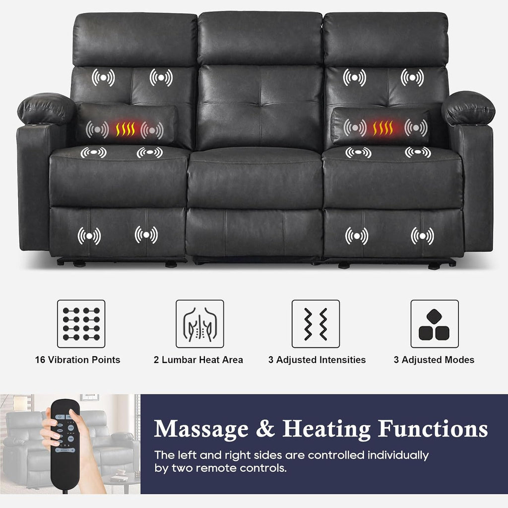 Power Reclining Sofa with Heat and Massage, Electtric Reclining Couch with Extended Footrest, Recliner Sofa 3 Seater with USB Ports, Cup Holders for Living Room, Home Seating