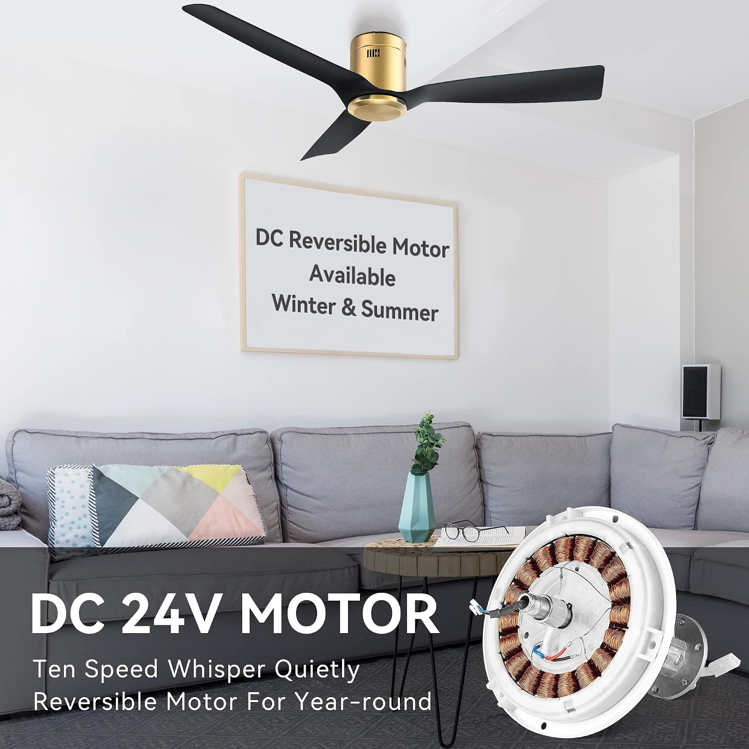 SMAAIR Ceiling Fans No Light and Remote,52 Inch Modern Ceiling Fan without Light with Quiet DC Motor,10 Speeds,Flush Mount,3 Blades,Low Profile,Indoor Ceiling Fan for Living Room Bedroom, Black/Gold