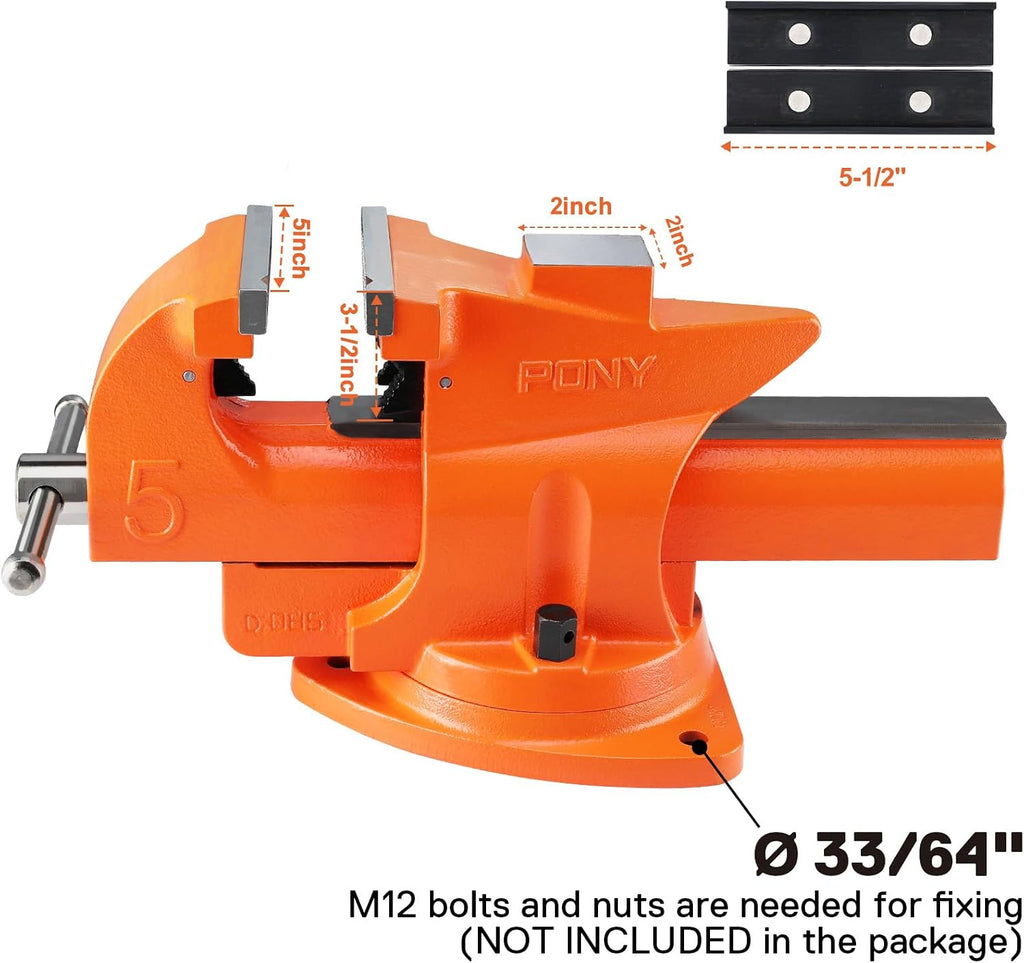 PONY Heavy Duty Bench Vise, 5-inch Jaw Width 7-inch Jaw Opening, 360-Degree Swivel Base with Anvil, Utility Combination Pipe Home Vise for Woodworking, One-Pair Vise Jaw Pad Included