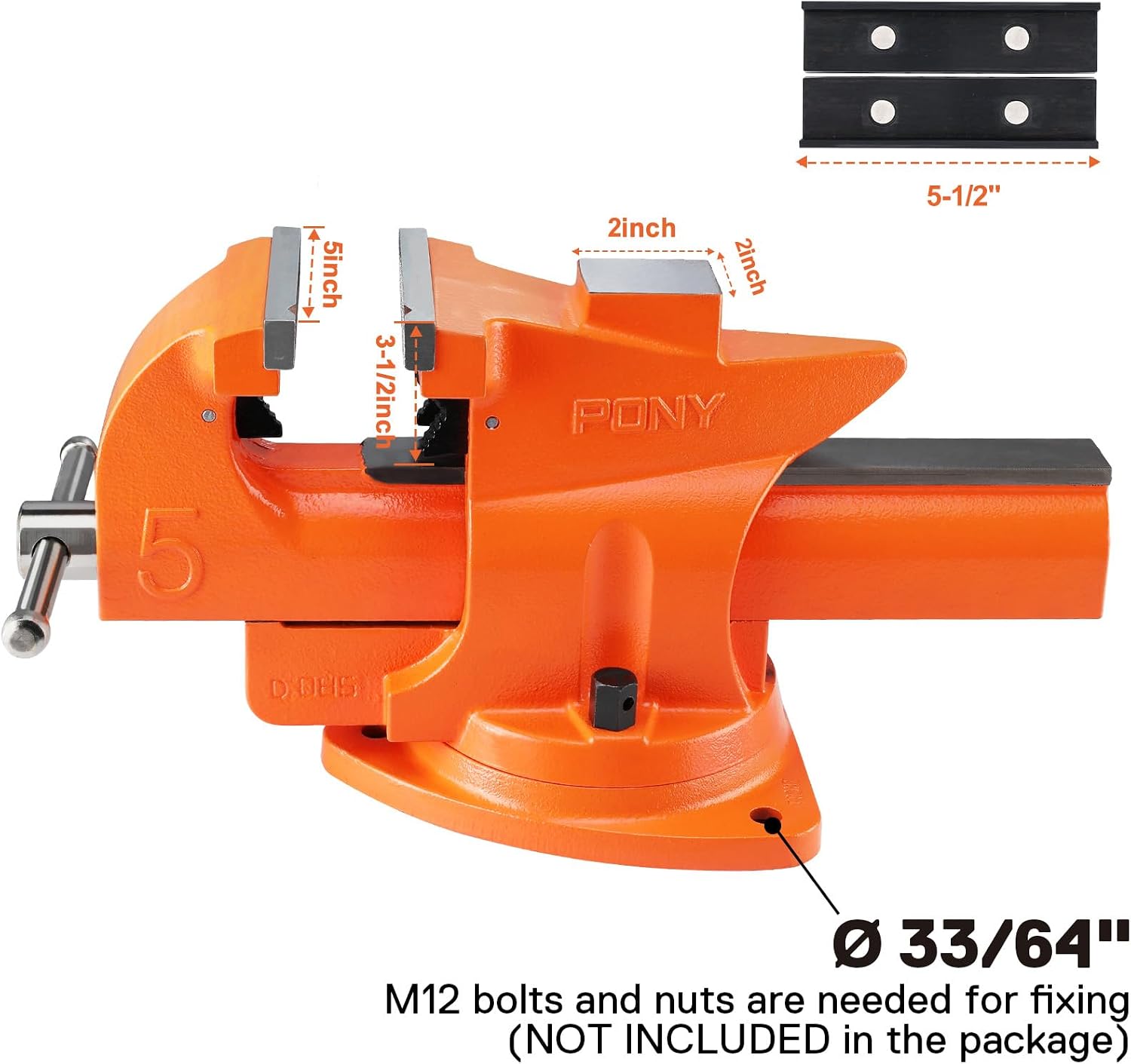 PONY Heavy Duty Bench Vise, 5-inch Jaw Width 7-inch Jaw Opening, 360-Degree Swivel Base with Anvil, Utility Combination Pipe Home Vise for Woodworking, One-Pair Vise Jaw Pad Included