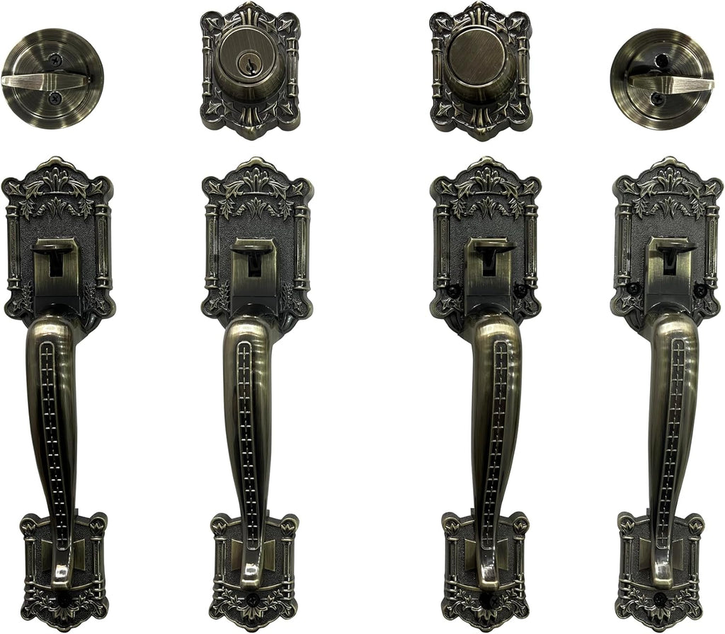 Zita_G Double Front Door Hardware Set, Grip Entry Door Lock Set with Grip Handle and deadbolt, Antique Brass