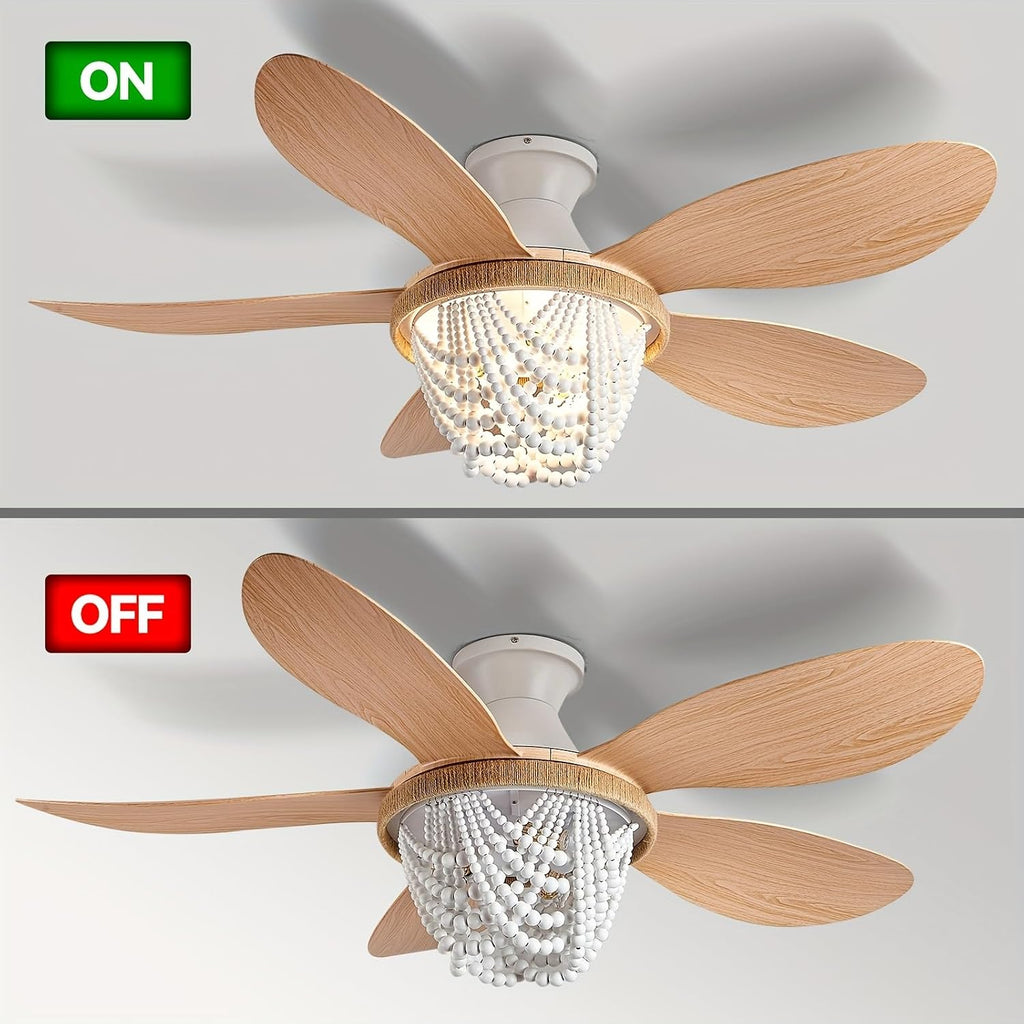 Boho Ceiling Fans with Lights and Remote, Wood Beaded 52 inch Ceiling Fan with Light,6 Speed Reversible Motor LED Flush Mount Ceiling Fans, Ceiling Fan Light for Bedroom Living Room (ABS Blades)