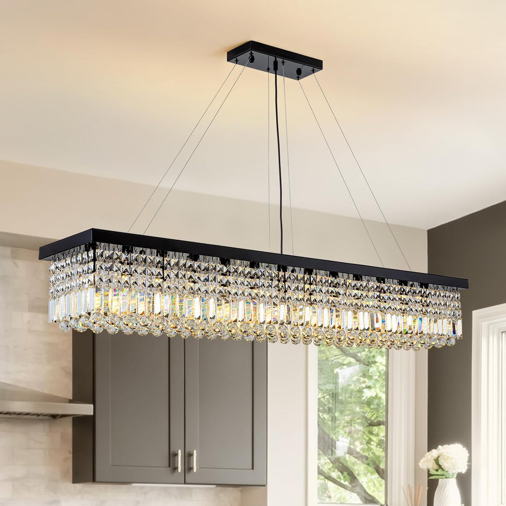 7PM Rectangle K9 Crystal Chandelier, 13-Light Modern Dining Room Linear Ceiling Chandelier, Rectangular Pendant Lighting Fixture for Kitchen Island Bedroom, Black Finish L59'' x W10'' x H9''