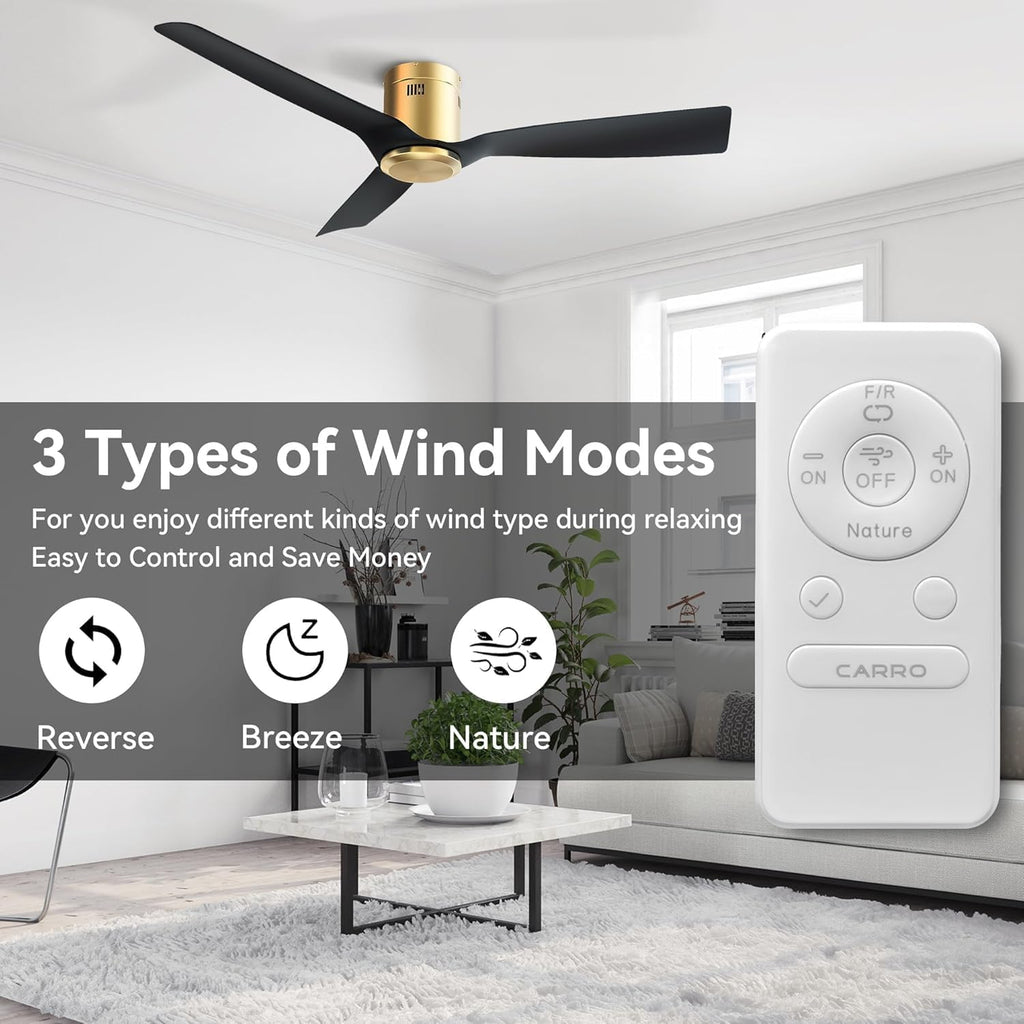 SMAAIR Ceiling Fans No Light and Remote,52 Inch Modern Ceiling Fan without Light with Quiet DC Motor,10 Speeds,Flush Mount,3 Blades,Low Profile,Indoor Ceiling Fan for Living Room Bedroom, Black/Gold