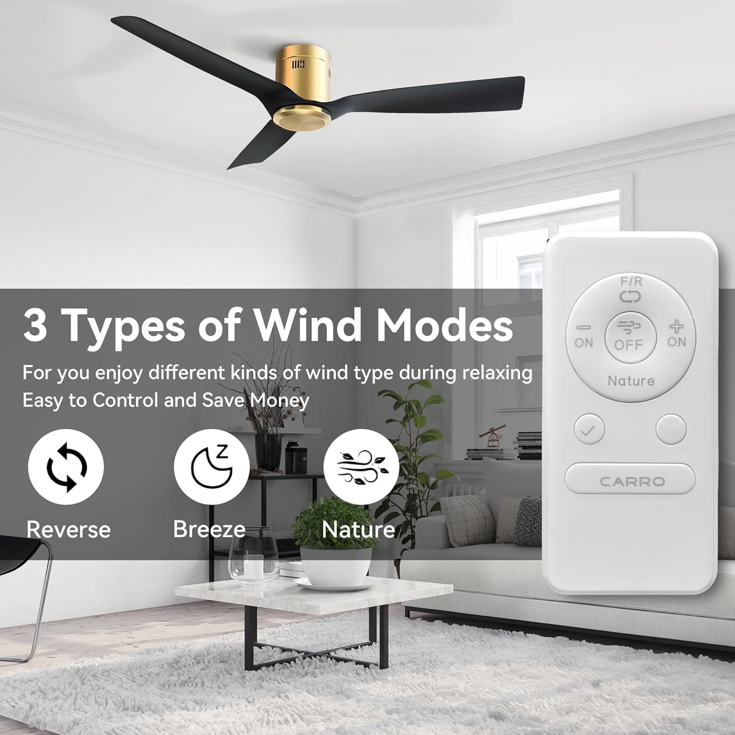 SMAAIR Ceiling Fans No Light and Remote,52 Inch Modern Ceiling Fan without Light with Quiet DC Motor,10 Speeds,Flush Mount,3 Blades,Low Profile,Indoor Ceiling Fan for Living Room Bedroom, Black/Gold