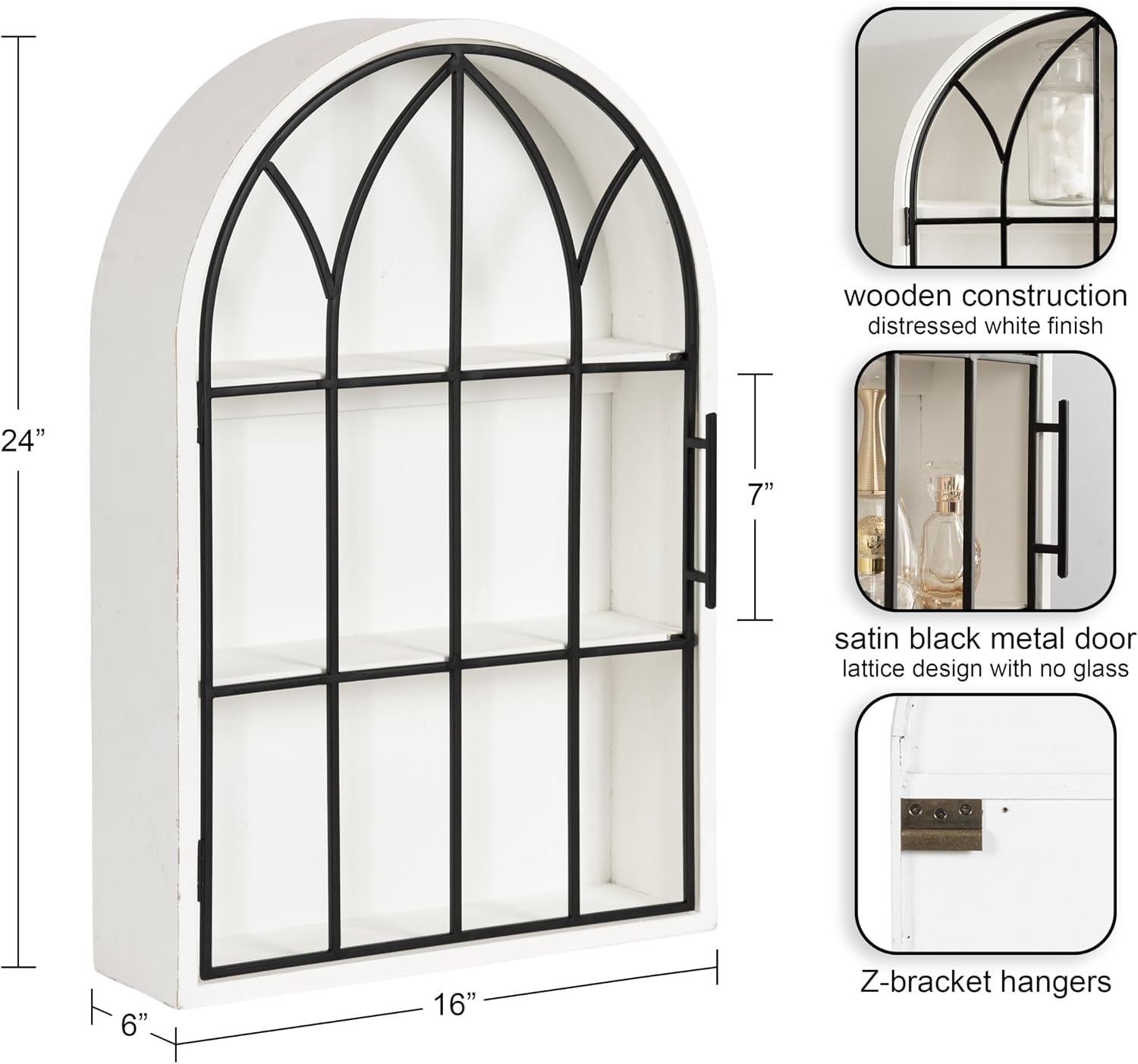 Kate and Laurel Megara Decorative Wooden Hanging Arched Wall Cabinet with Door for Open Storage; 16 x 6 x 24; White and Black; Wooden Floating Wall Bathroom Cabinet for Above Toilet Storage