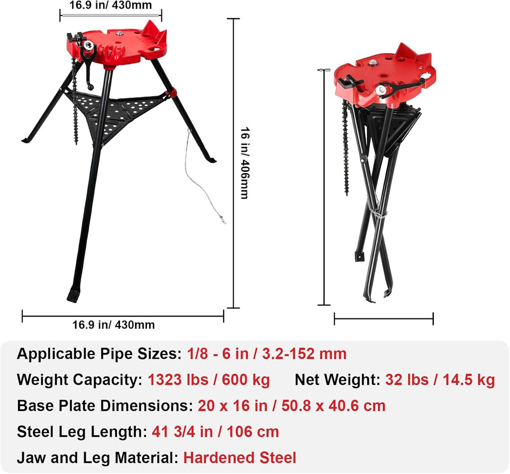 Tripod Pipe Vise Stand, Heavy-Duty 1/8'-6' Capacity, Portable Chain Vise with Tool Tray for Welding & Plumbing