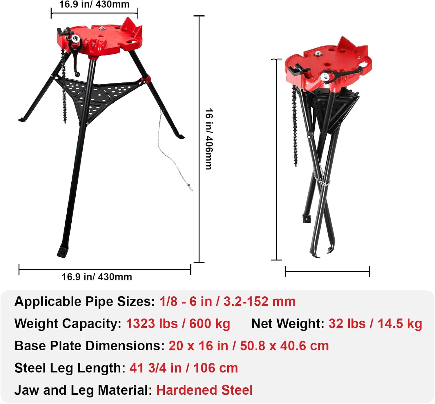 Tripod Pipe Vise Stand, Heavy-Duty 1/8'-6' Capacity, Portable Chain Vise with Tool Tray for Welding & Plumbing