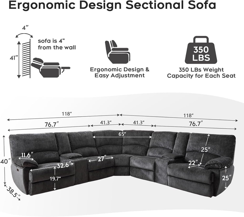 Oversized Power Recliner Sectional Sofa with Wireless Charger,Large Reclining Sectionals Couch Set with 2 Electric Chenille Recliner,USB Type-C,Storage Consloe for Living Room,32.6' Seat Width,Gray