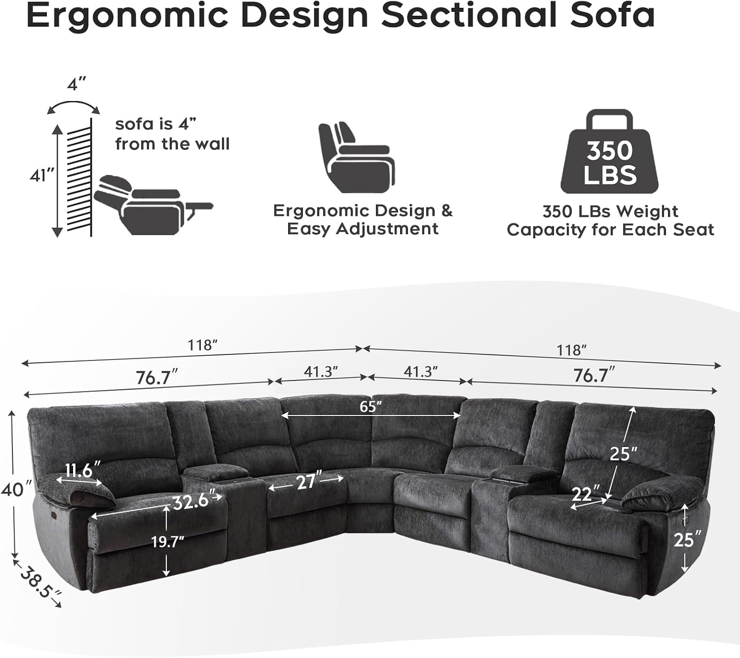 Oversized Power Recliner Sectional Sofa with Wireless Charger,Large Reclining Sectionals Couch Set with 2 Electric Chenille Recliner,USB Type-C,Storage Consloe for Living Room,32.6' Seat Width,Gray