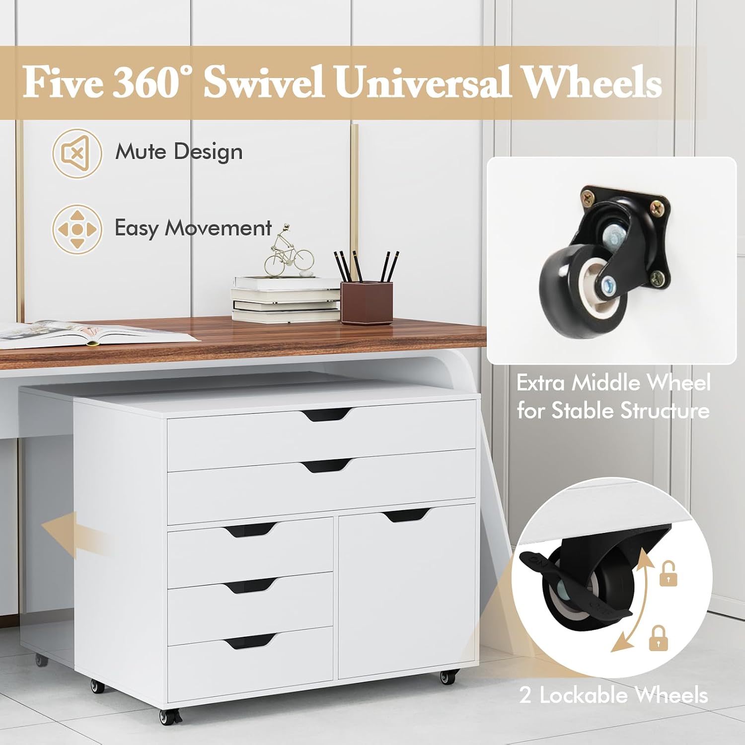 MAT EXPERT 5-Drawer Mobile File Cabinet w/Door, Lateral Filing Cabinet w/5 Universal Wheels, Rolling File Cabinets with Storage, Modern Wood Printer Stand for Home Office, Living Room, Study (White)