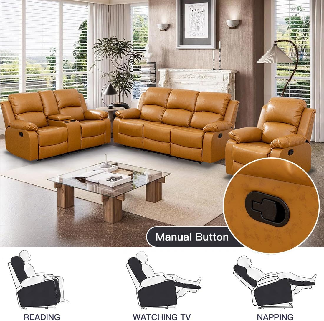 Manual Reclining Couch Sofa Set with Drop-Down Table, 3 Pieces Ginger Leather Recliner Couch Sets, Living Room Furniture Sets, Recliner Sofa with Storage Console/Cup Holder for Home/Apartment