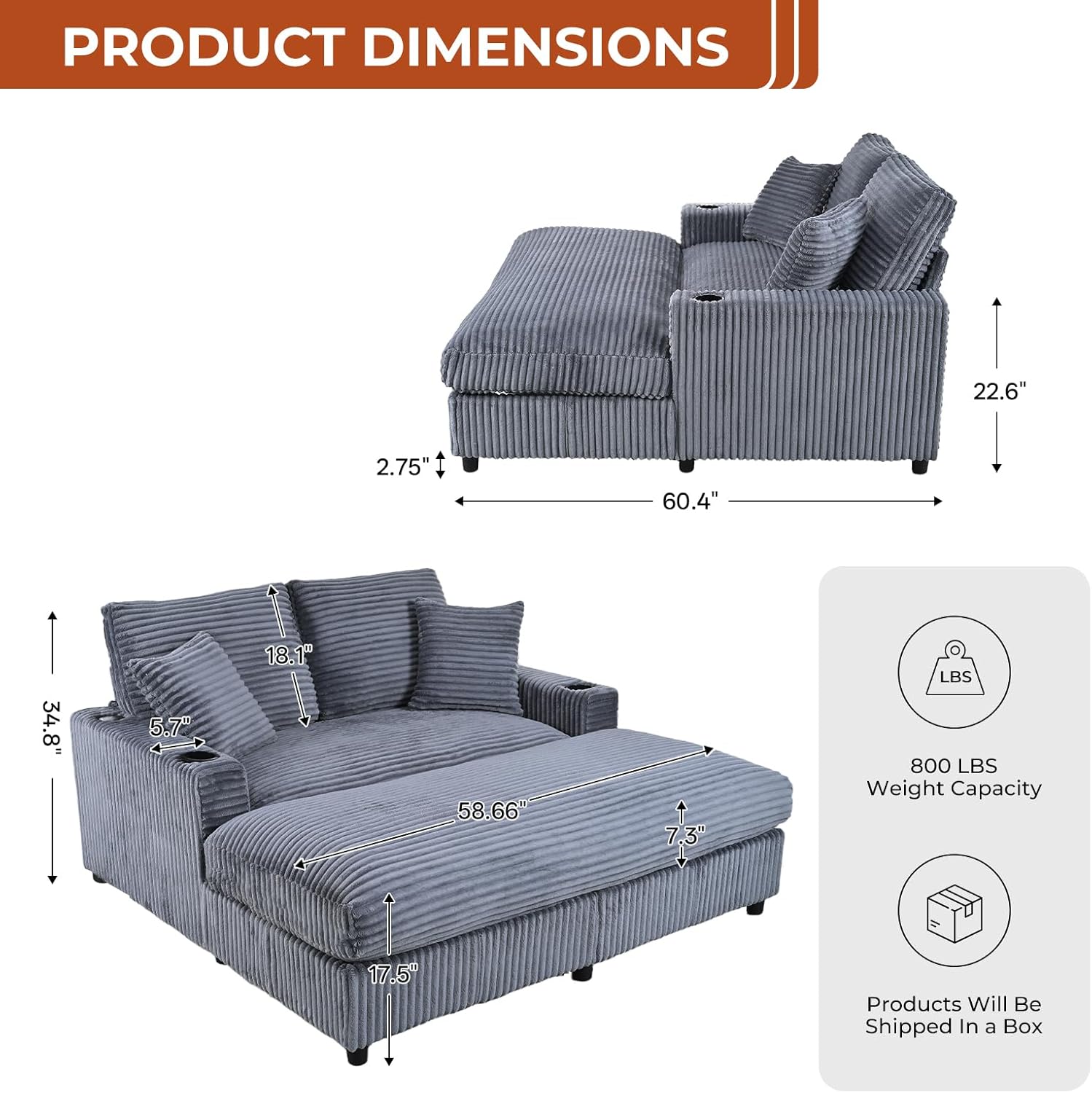 60' Oversized Chaise Lounge Chair Indoor, Upholstered Sofa Bed with Pillows & 2 Cup Holders, Sleeper Couch Comfy Corduroy Recliner Chair for Living Room, Movie Room, Bedroom, Gray