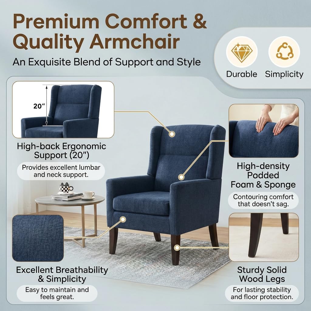 Zihanhome High Back Accent Chair, Fabric Living Room Chairs, Modern Comfy Chair with Wooden Legs,Upholstered Armchair for Living Room,Bedroom,Apartment,Reading Spaces.(1,Blue)