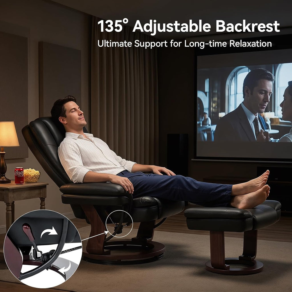 Vogue Furniture Direct Swivel Recliner Chair with Ottoman, Adjustable PU Leather Recliner with Wood Base, Thick Padded Cushion, Modern Reclining Chair & Ottoman Set for Living Room, Bedroom (Black)
