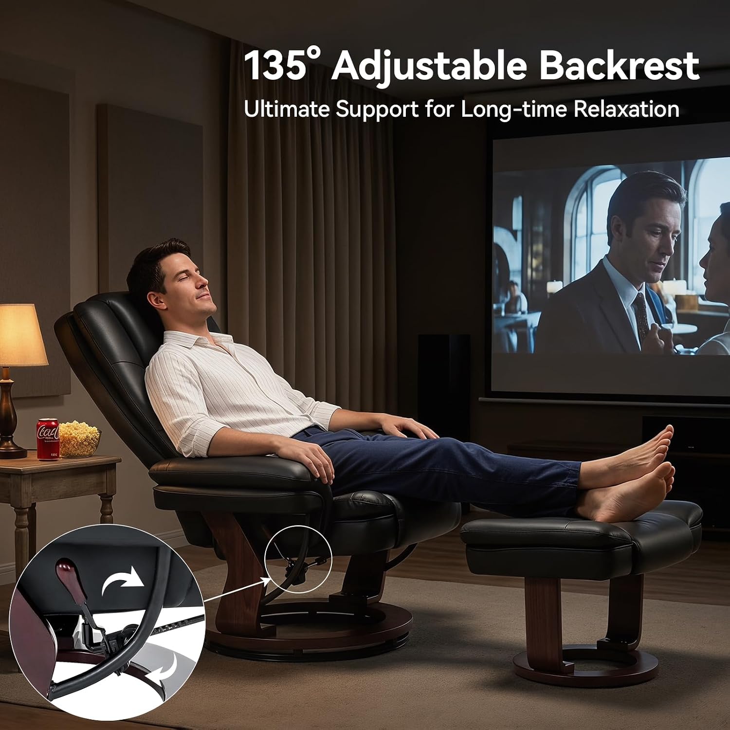 Vogue Furniture Direct Swivel Recliner Chair with Ottoman, Adjustable PU Leather Recliner with Wood Base, Thick Padded Cushion, Modern Reclining Chair & Ottoman Set for Living Room, Bedroom (Black)