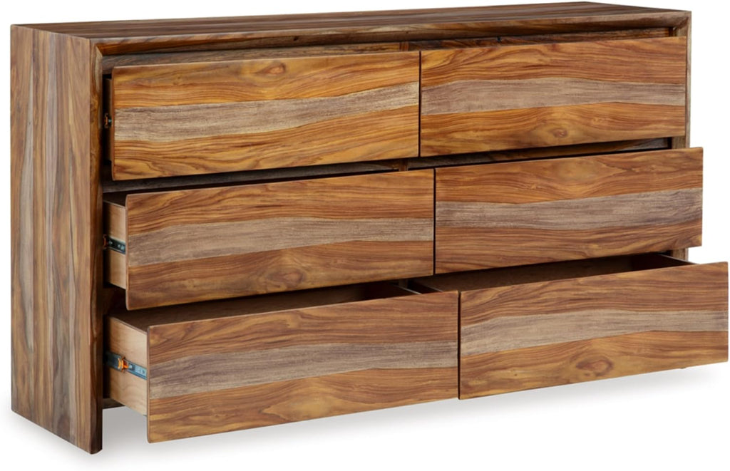 Signature Design by Ashley Dressonni Farmhouse 6-Drawer Dresser with Beveled Edge and Felt Lining, Light Brown
