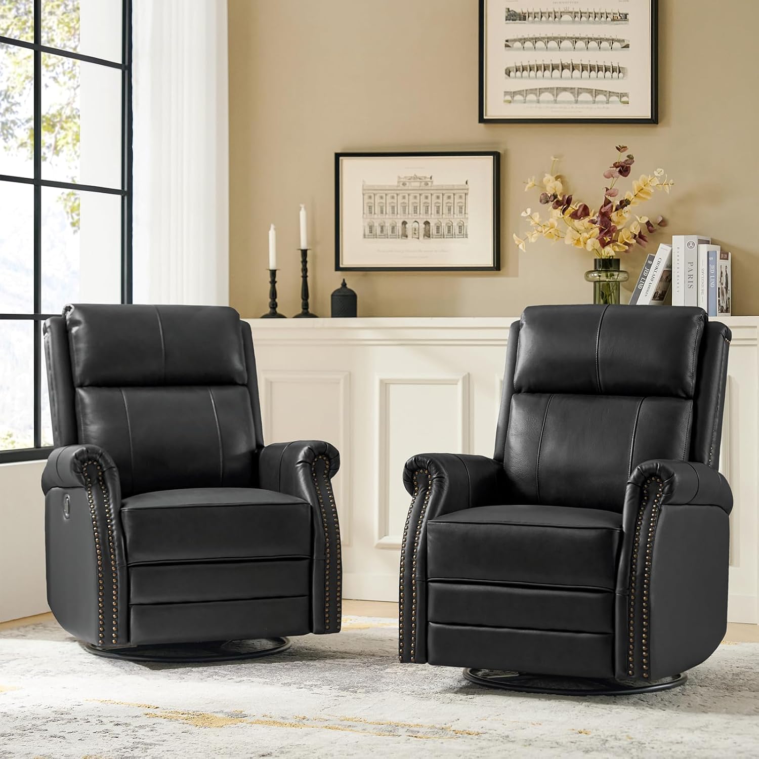 HULALA HOME Genuine Leather Swivel Rocker Recliners Set of 2 with Adjustable Backrest & Footrest,Manual Glider Recliner Chair with Swivel Base, Home Theater Sofa Armchair for Living Room Bedroom,BLACK