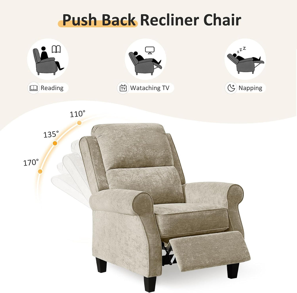 Oversized Recliner Chair, Push Back Recliner Chair with Padded Seat, Comfy Chenille Reclining Armchair, Upholstered Single Sofa for Living Room, Bedroom, Nursery, Reading